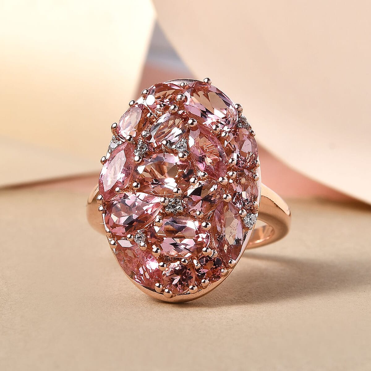 Natural Blush Tourmaline and Natural White Zircon Cluster Ring in Vermeil Rose Gold Over Sterling Silver 4.15 ctw image number 1