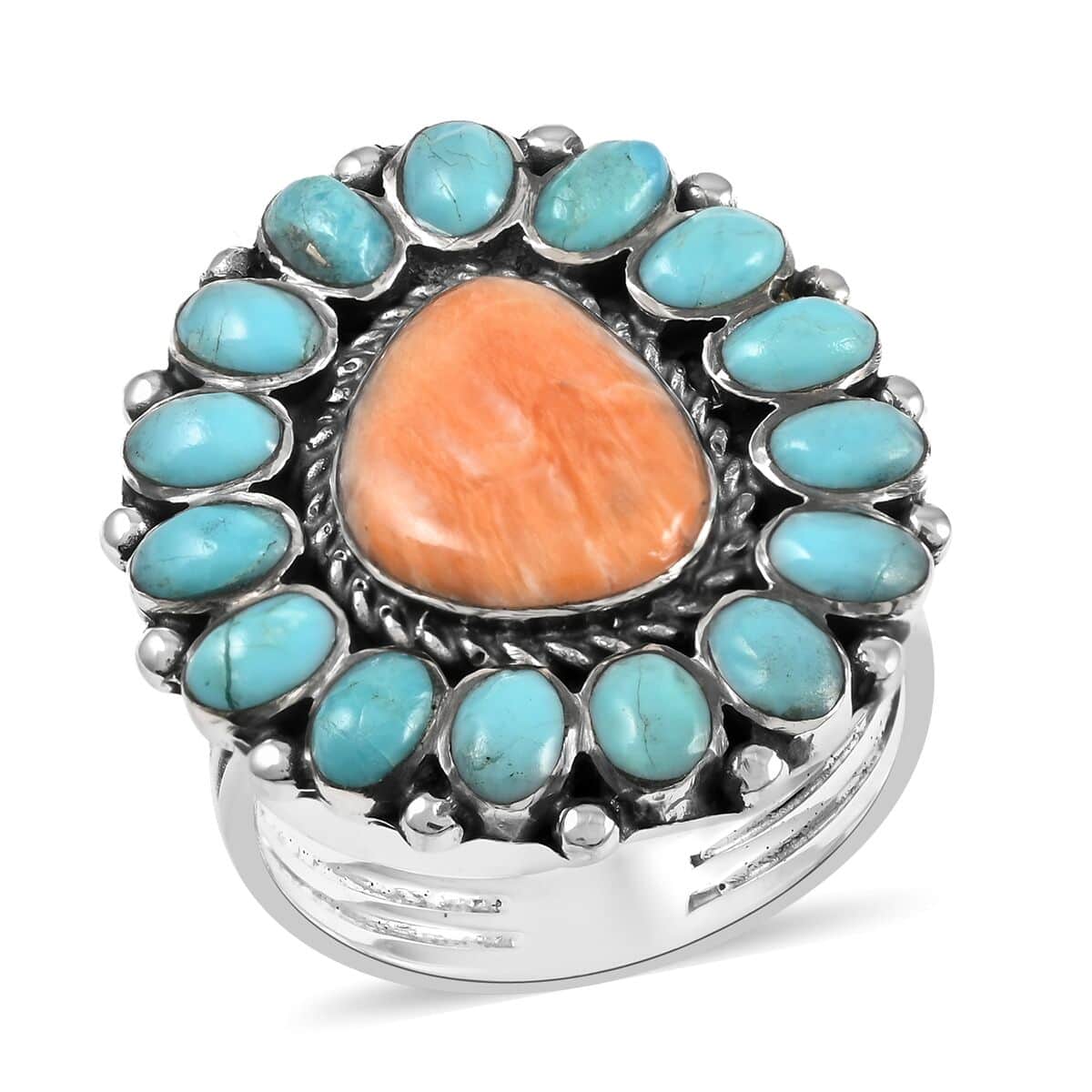 SANTA FE Style Kingman Turquoise and Shell Ring in Sterling Silver (Size 10.0) 1.50 ctw image number 0