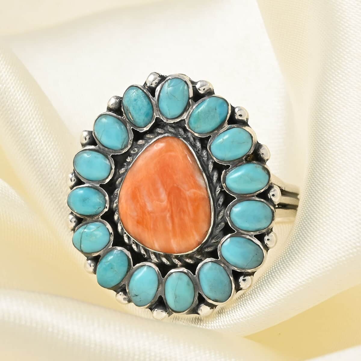 SANTA FE Style Kingman Turquoise and Shell Ring in Sterling Silver 1.50 ctw image number 1