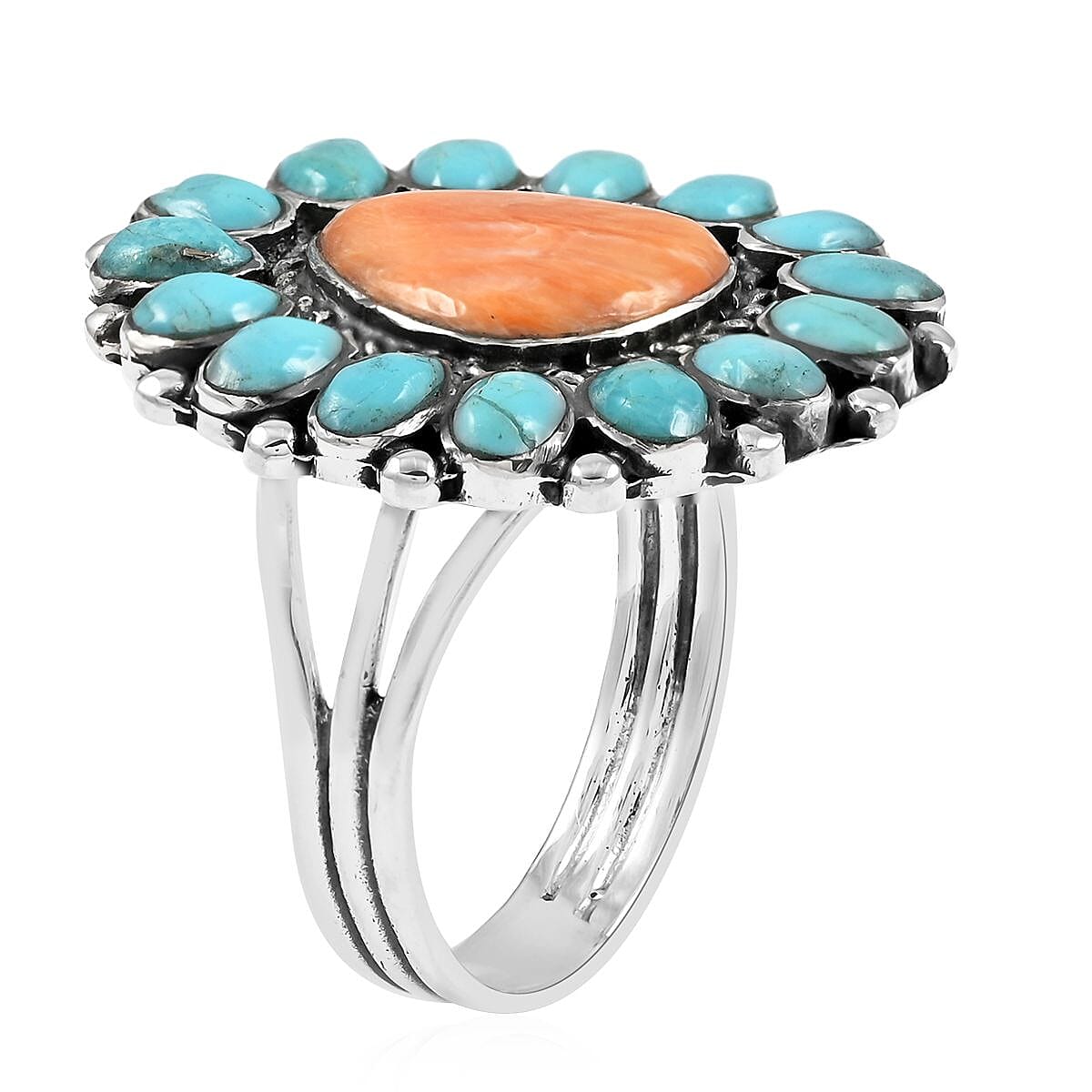 Santa Fe Style Kingman Turquoise and Shell Ring in Sterling Silver (Size 6.0) 1.50 ctw image number 2