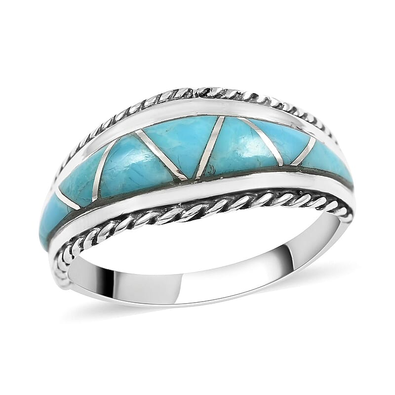 Santa Fe Style Kingman Turquoise 7 Stone Ring in Sterling Silver (Size 10.0) 2.75 ctw