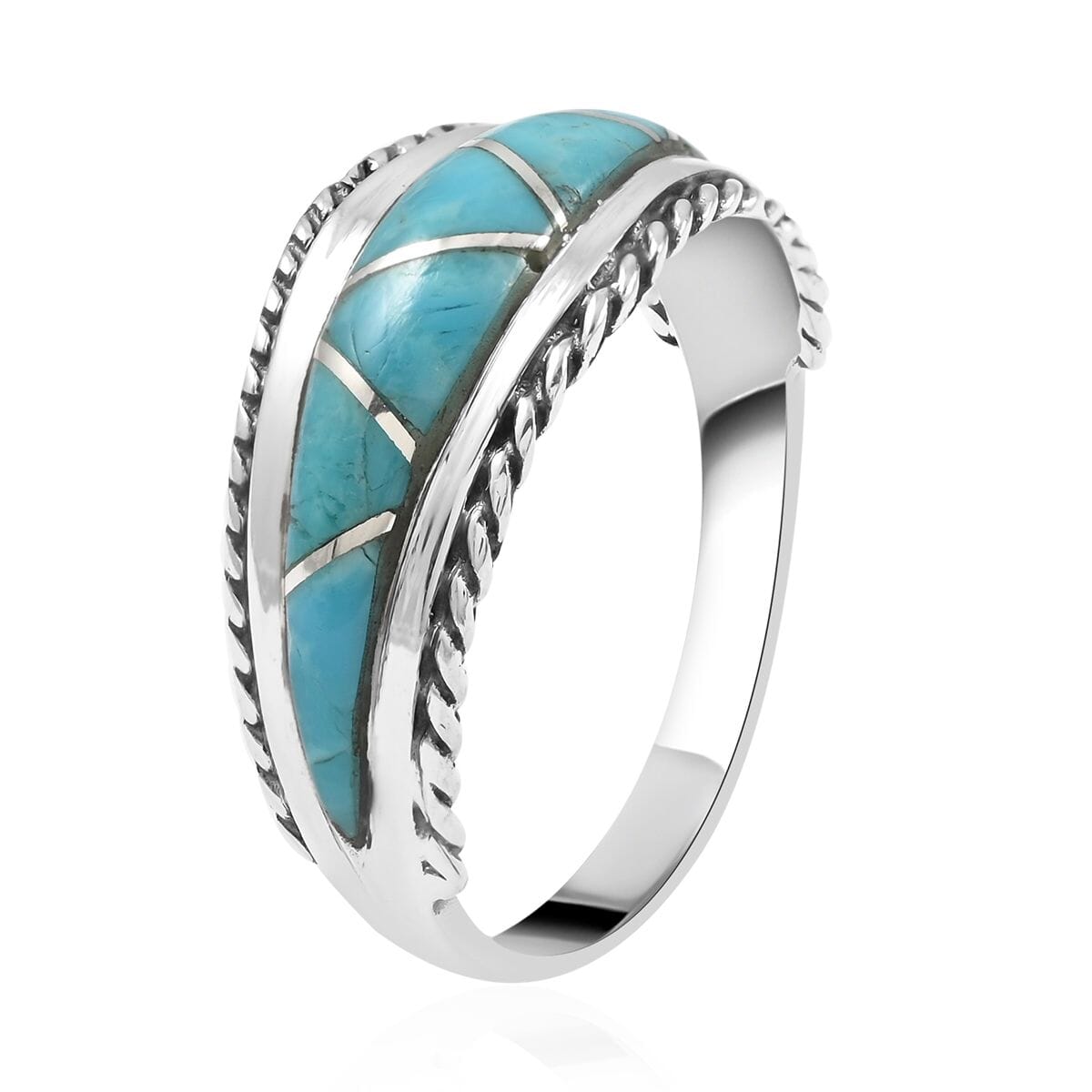 Santa Fe Style Kingman Turquoise 7 Stone Ring in Sterling Silver (Size 7.0) 2.75 ctw image number 3