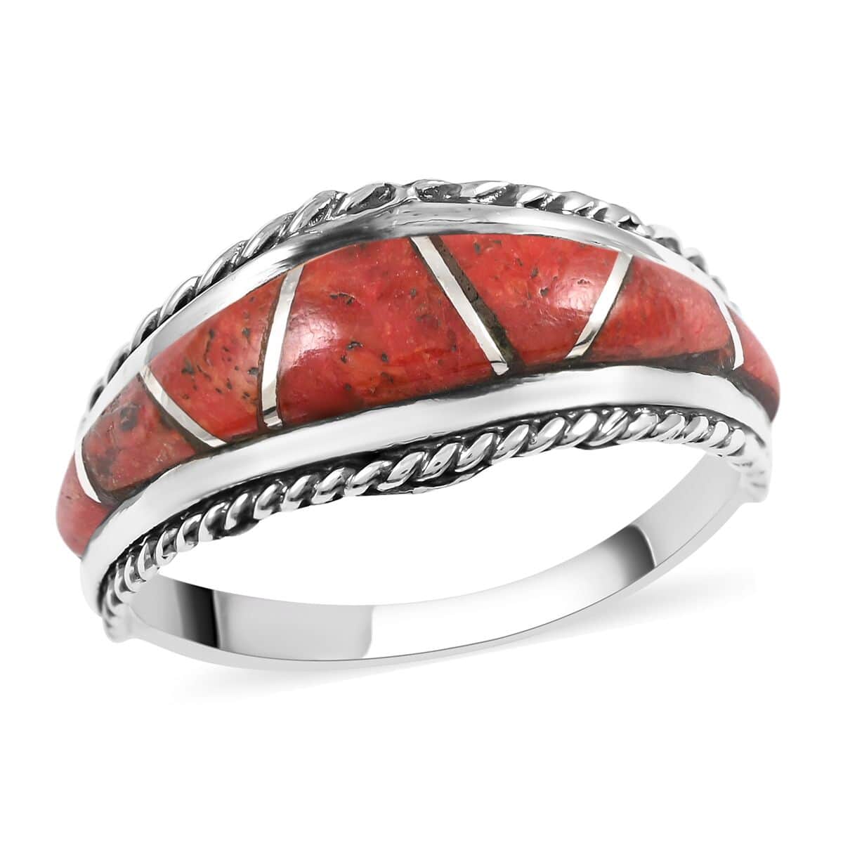 SANTA FE Style Coral 7 Stone Ring in Sterling Silver (Size 7.0) image number 0