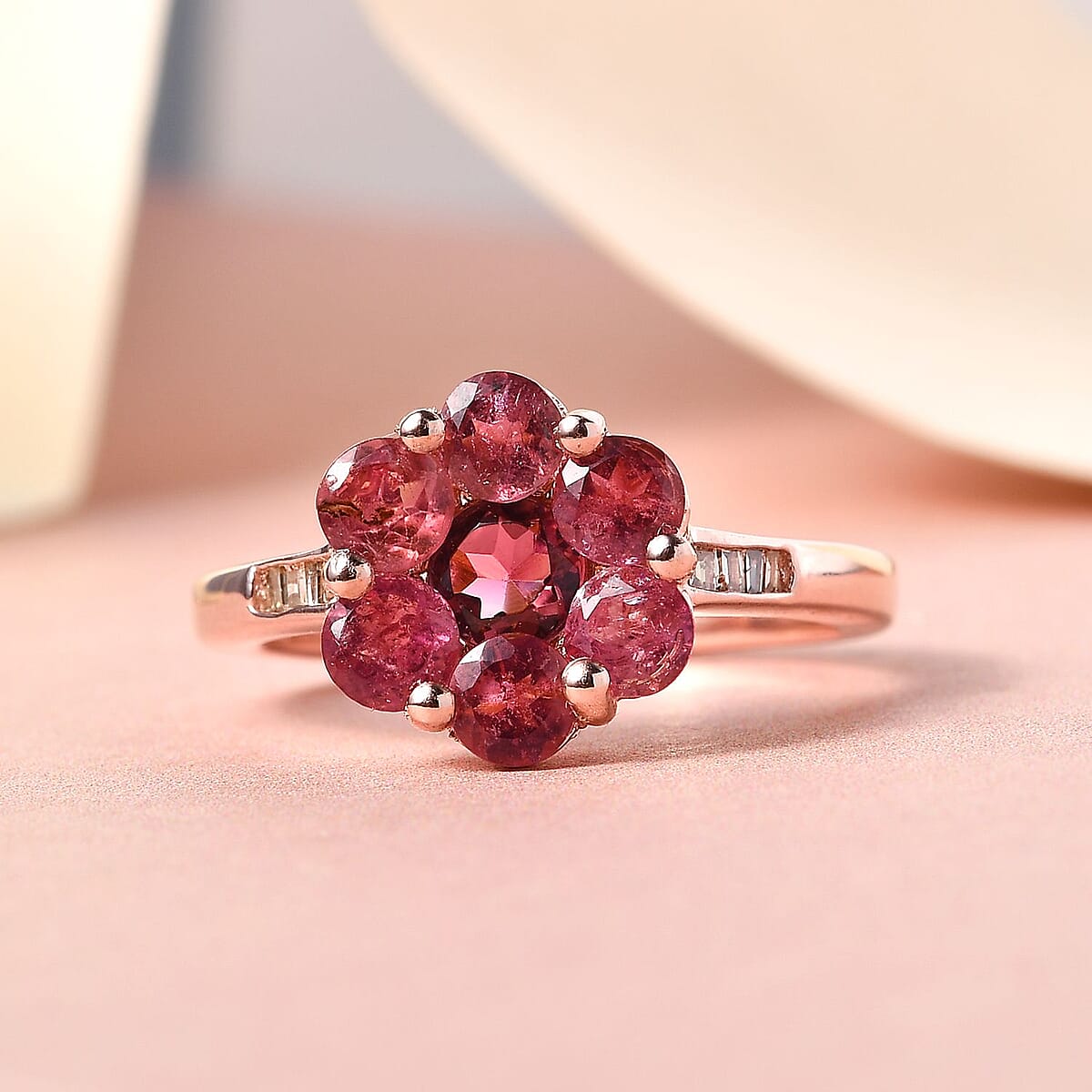 Natural Blush Tourmaline and Natural Champagne Diamond Floral Ring in Vermeil Rose Gold Over Sterling Silver 1.35 ctw image number 1