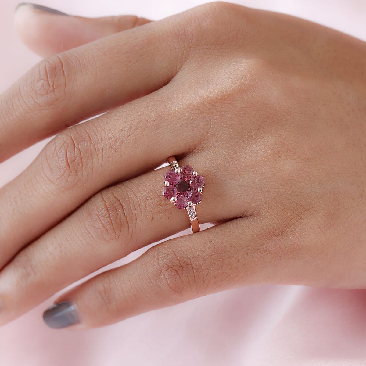 Natural Blush Tourmaline and Natural Champagne Diamond Floral Ring in Vermeil Rose Gold Over Sterling Silver 1.35 ctw image number 2