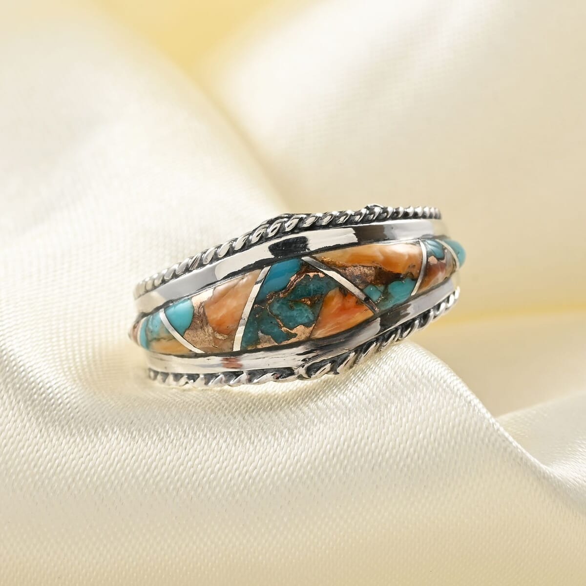 Santa Fe Style Spiny Turquoise 7 Stone Ring in Sterling Silver (Size 10.0) 2.75 ctw image number 1