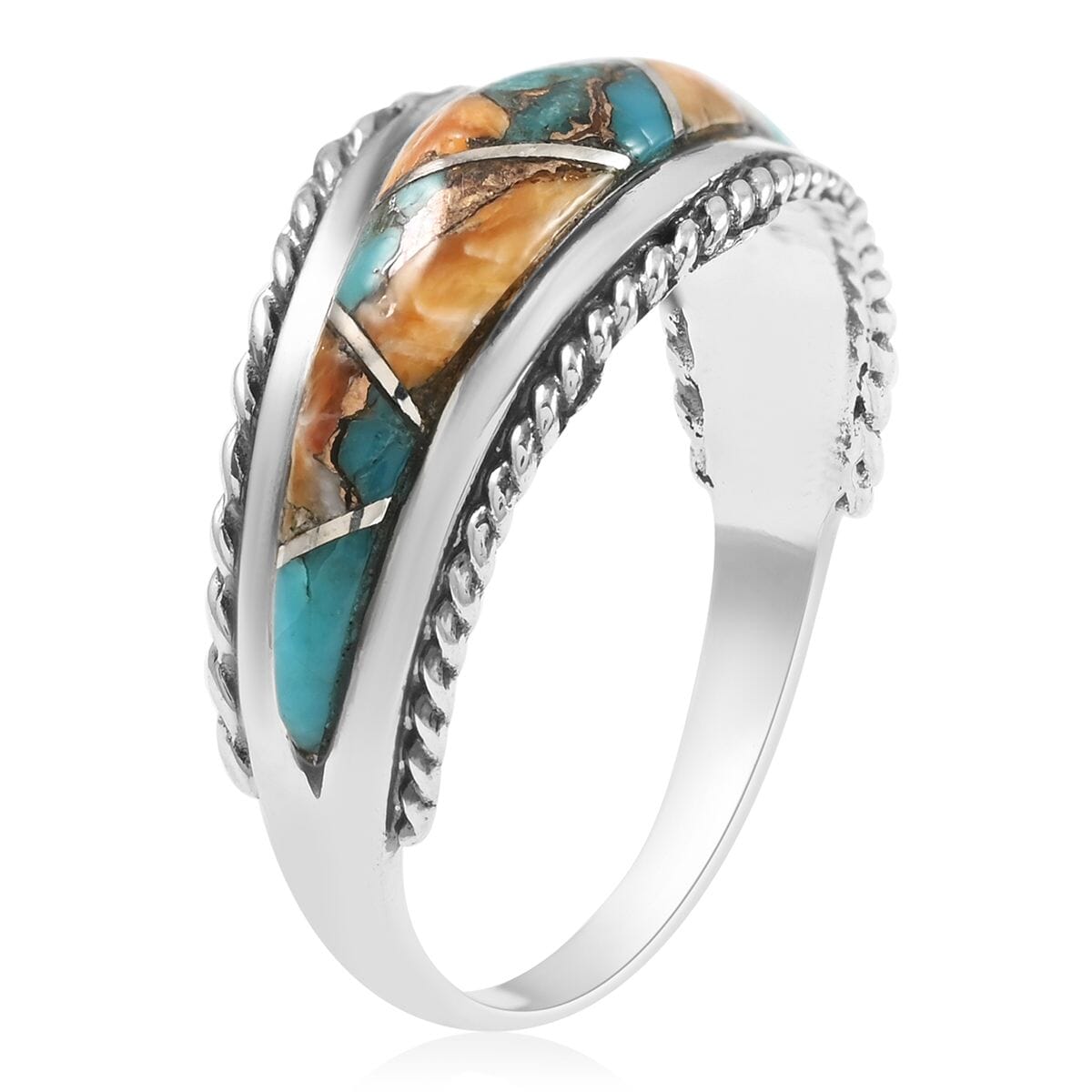 Santa Fe Style Spiny Turquoise 7 Stone Ring in Sterling Silver (Size 10.0) 2.75 ctw image number 3