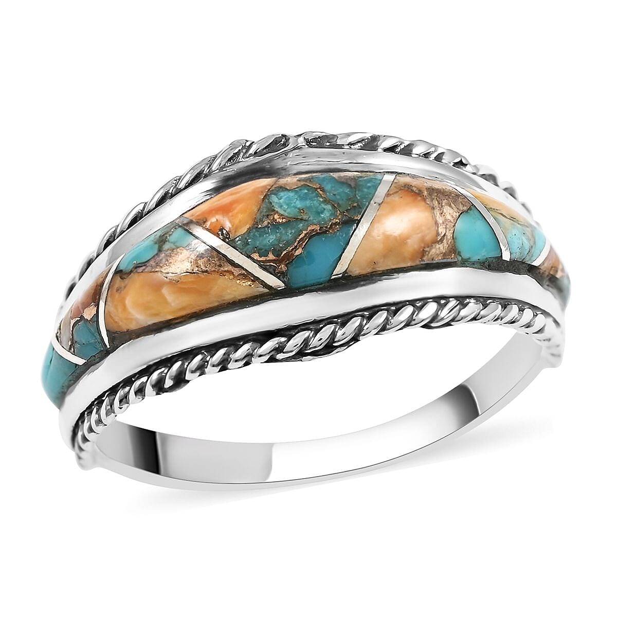 Santa Fe Style Spiny Turquoise 7 Stone Ring in Sterling Silver (Size 6.0) 2.75 ctw image number 0