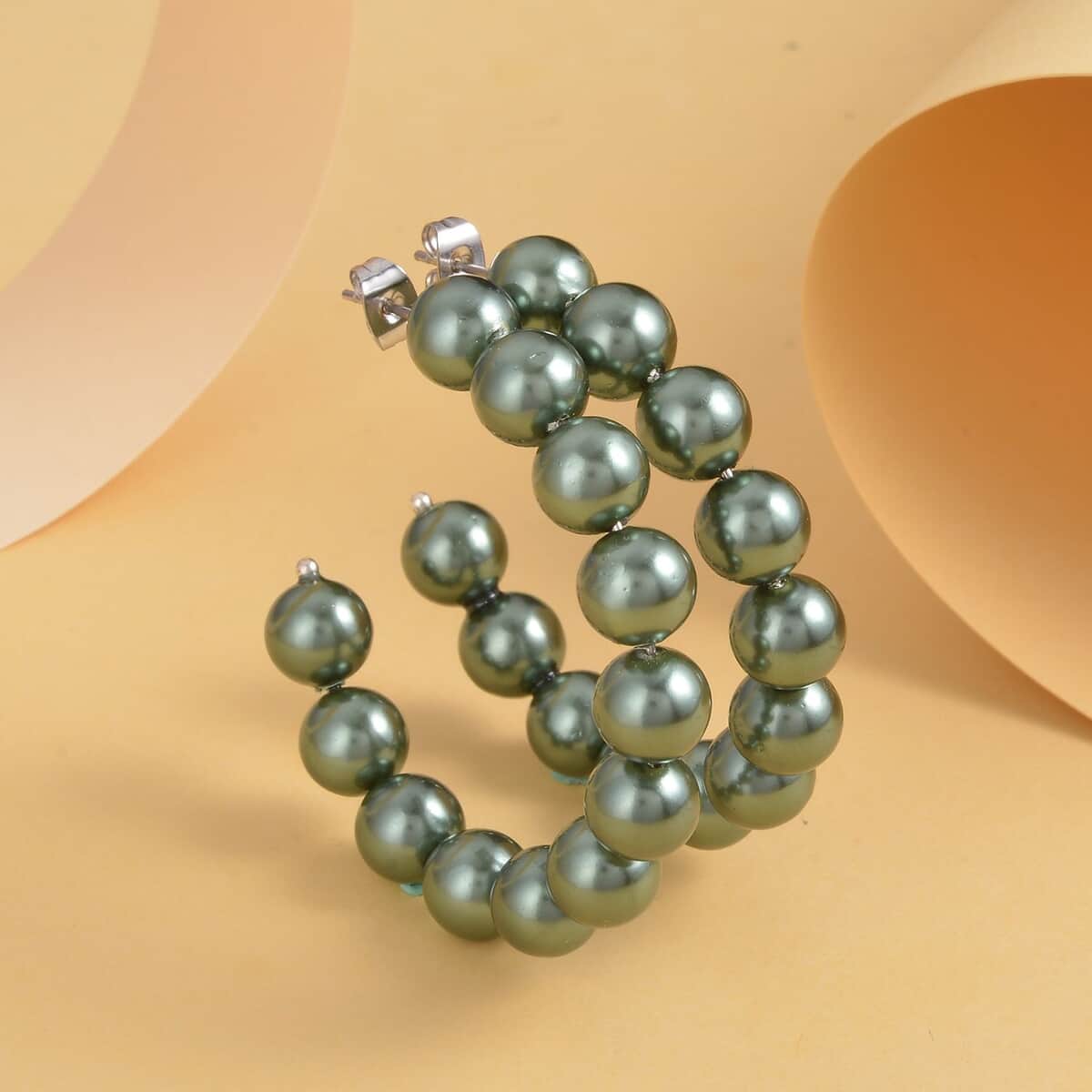 Green Shell Pearl Hoop Earrings in Stainless Steel , Tarnish-Free, Waterproof, Sweat Proof Jewelry image number 1