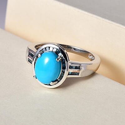 Premium Sleeping Beauty Turquoise and Blue Diamond Halo Ring in Platinum Over Sterling Silver (Size 10.0) 1.85 ctw