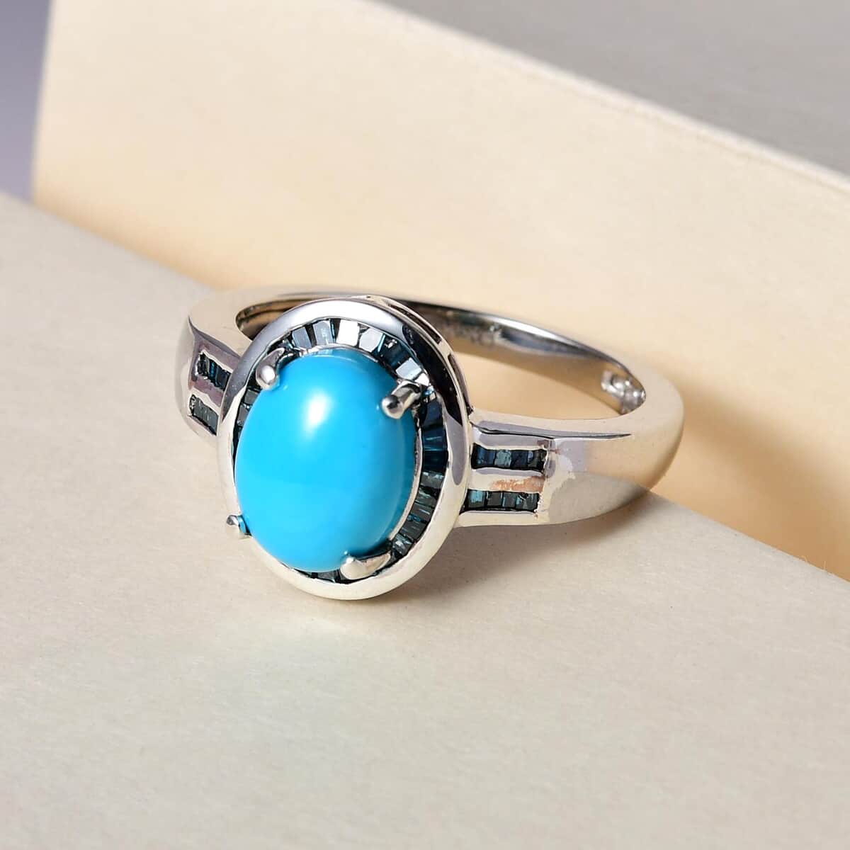 Premium American Natural Sleeping Beauty Turquoise and Blue Diamond Halo Ring in Platinum Over Sterling Silver (Size 10.0) 1.85 ctw image number 1