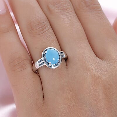Premium Sleeping Beauty Turquoise and Blue Diamond Halo Ring in Platinum Over Sterling Silver (Size 10.0) 1.85 ctw