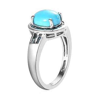 Premium Sleeping Beauty Turquoise and Blue Diamond Halo Ring in Platinum Over Sterling Silver (Size 10.0) 1.85 ctw