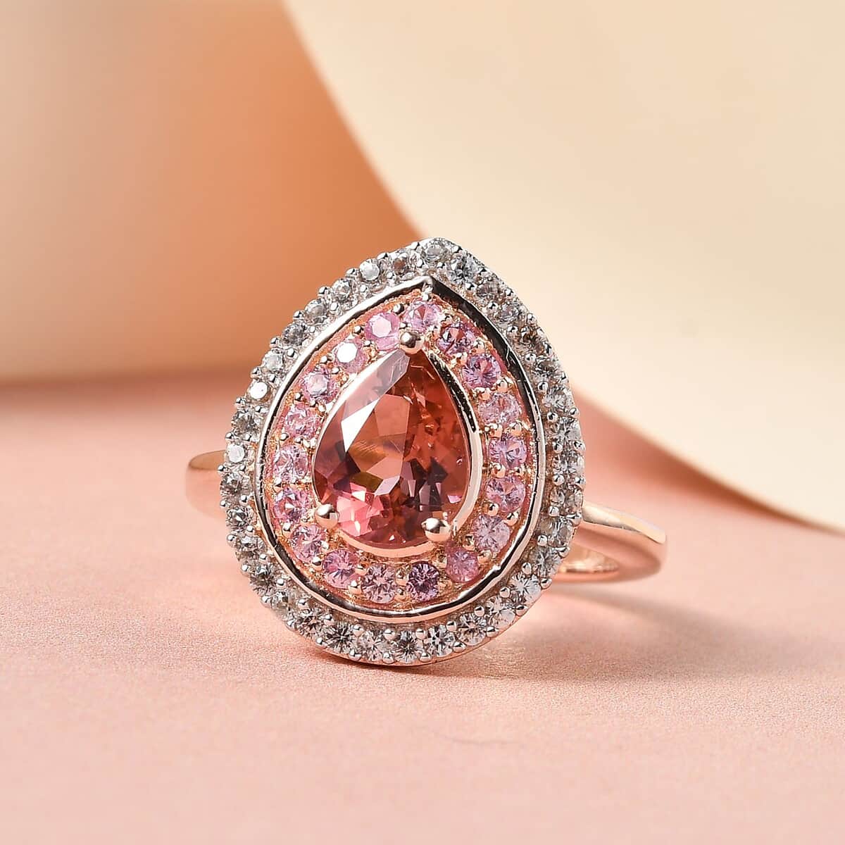 Natural Blush Tourmaline and Multi Gemstone Double Halo Ring in Vermeil Rose Gold Over Sterling Silver 1.85 ctw image number 1