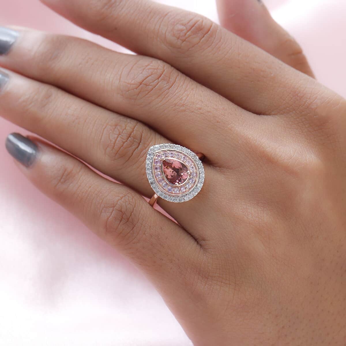 Natural Blush Tourmaline and Multi Gemstone Double Halo Ring in Vermeil Rose Gold Over Sterling Silver 1.85 ctw image number 2