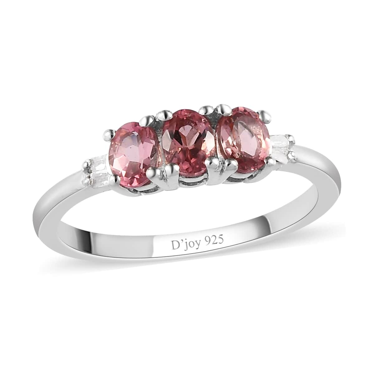 Natural Blush Tourmaline, Diamond Accent Trilogy Ring in Platinum Over Sterling Silver (Size 10.0) 0.40 ctw image number 0