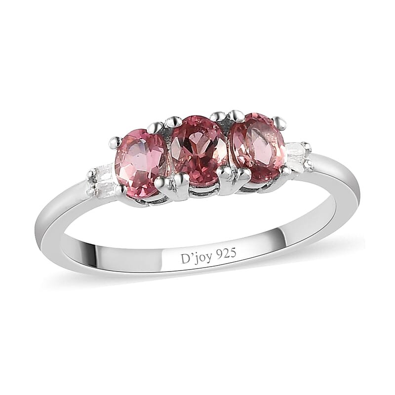 Blush Tourmaline and Diamond Accent Trilogy Ring in Platinum Over Sterling Silver (Size 10.0) 0.50 ctw