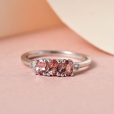 Blush Tourmaline and Diamond Accent Trilogy Ring in Platinum Over Sterling Silver (Size 10.0) 0.50 ctw
