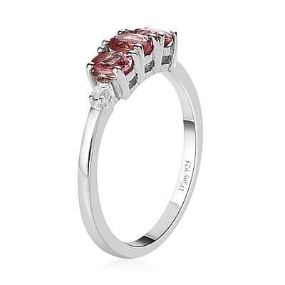 Blush Tourmaline and Diamond Accent Trilogy Ring in Platinum Over Sterling Silver (Size 10.0) 0.50 ctw