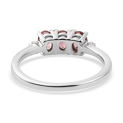 Blush Tourmaline and Diamond Accent Trilogy Ring in Platinum Over Sterling Silver (Size 10.0) 0.50 ctw