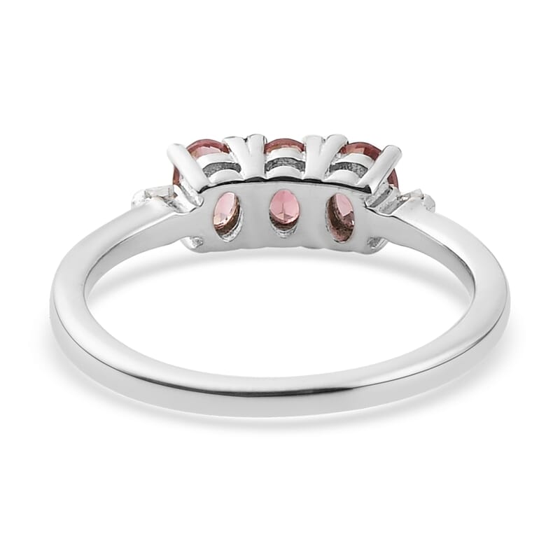 Blush Tourmaline and Diamond Accent Trilogy Ring in Platinum Over Sterling Silver (Size 10.0) 0.50 ctw
