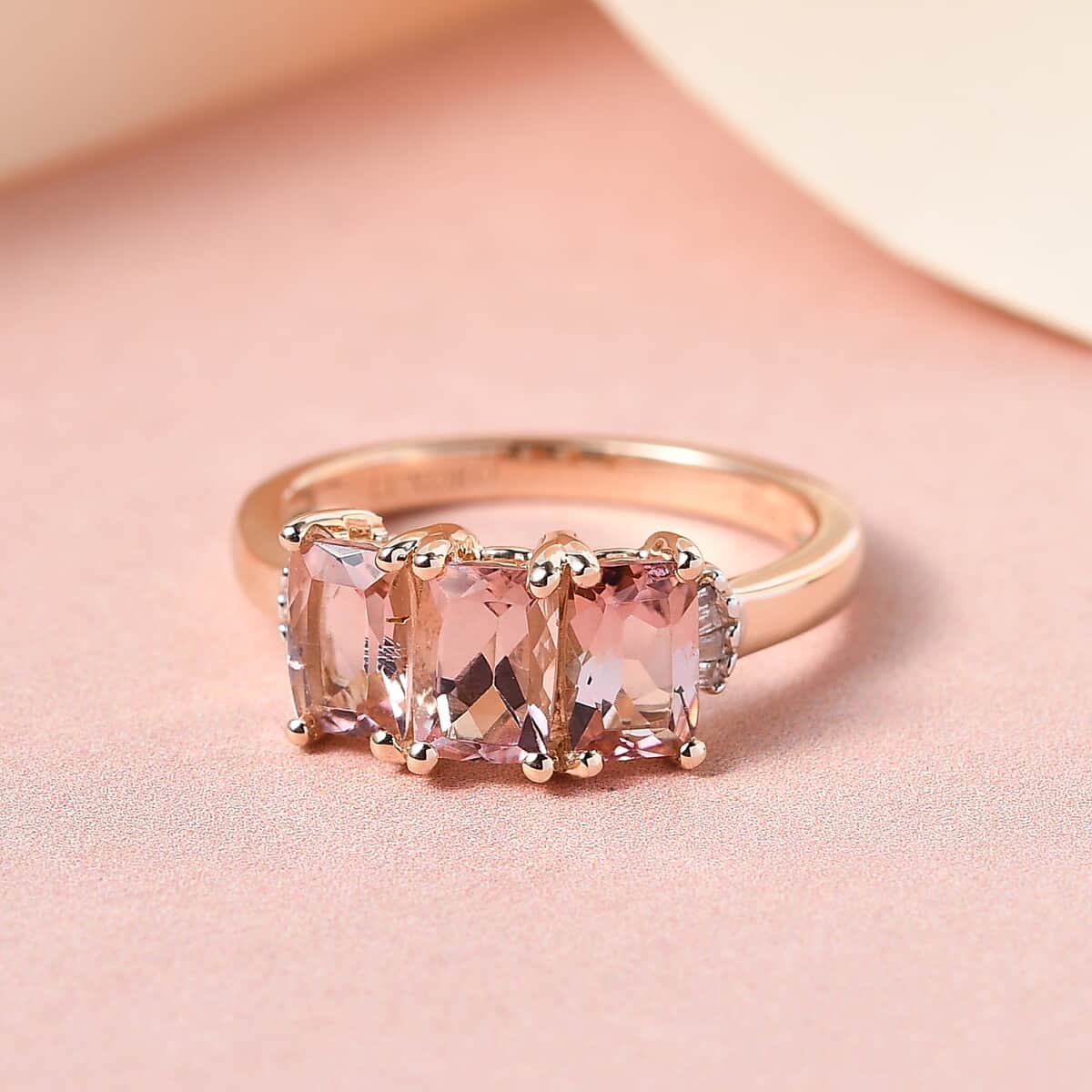 LUXORO 10K Rose Gold Premium Natural Blush Tourmaline and Diamond Accent Trilogy Ring 2.50 Grams 1.65 ctw image number 1