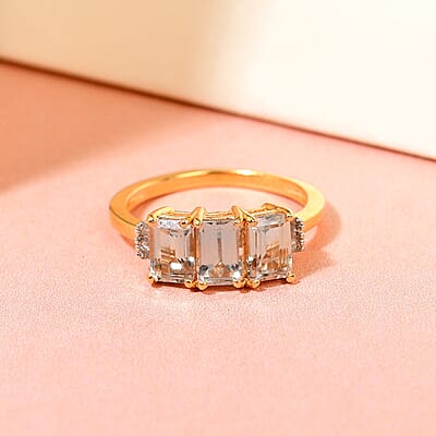 AAA Turkizite and Diamond Accent 3 Stone Ring in Vermeil Yellow Gold Over Sterling Silver (Size 10.0) 2.10 ctw