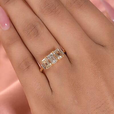 AAA Turkizite and Diamond Accent 3 Stone Ring in Vermeil Yellow Gold Over Sterling Silver (Size 10.0) 2.10 ctw