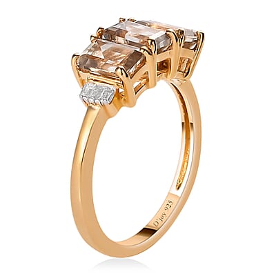 AAA Turkizite and Diamond Accent 3 Stone Ring in Vermeil Yellow Gold Over Sterling Silver (Size 10.0) 2.10 ctw