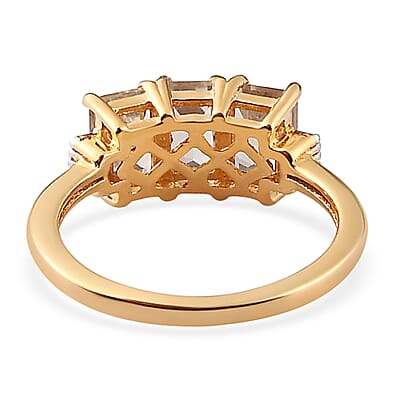AAA Turkizite and Diamond Accent 3 Stone Ring in Vermeil Yellow Gold Over Sterling Silver (Size 10.0) 2.10 ctw