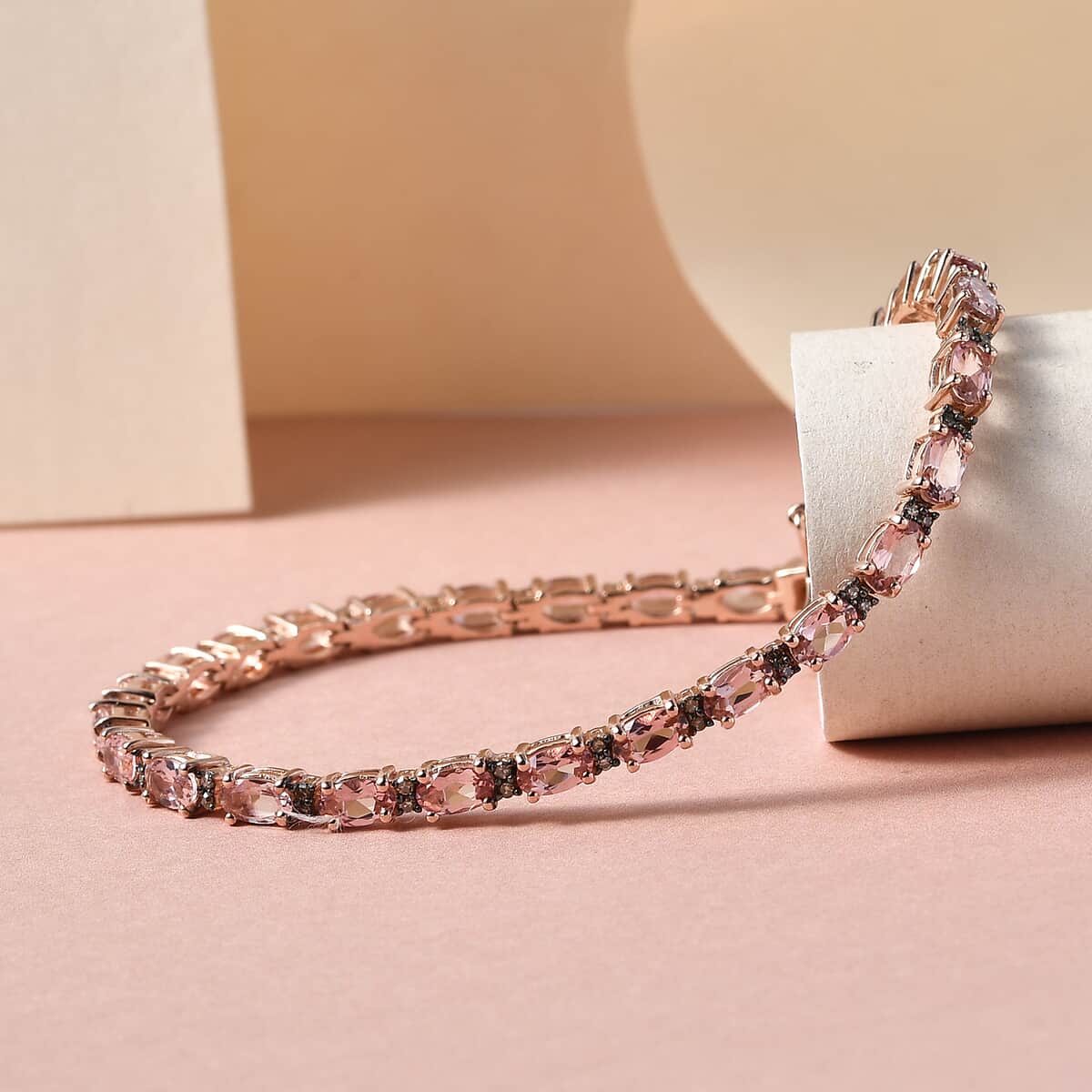 Blush Tourmaline and Natural Champagne Diamond Tennis Bracelet in Vermeil RG Over Sterling Silver (7.25 In) 6.50 ctw image number 1