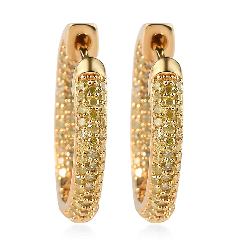 Natural Yellow Diamond I3 Hoop Earrings in Vermeil Yellow Gold Over Sterling Silver 1.00 ctw
