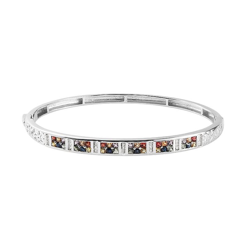 Multi Sapphire and Natural White Zircon Bangle Bracelet in Platinum Over Sterling Silver (6.50 In) 11.5 Grams 2.50 ctw