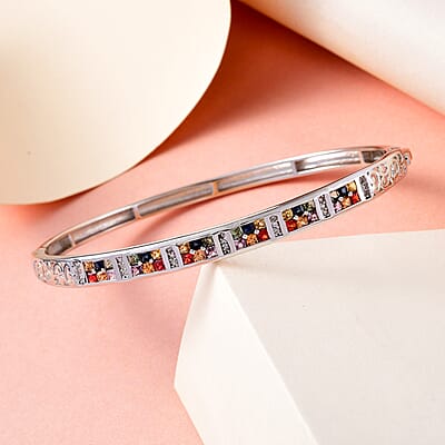Multi Sapphire and Natural White Zircon Bangle Bracelet in Platinum Over Sterling Silver (6.50 In) 11.5 Grams 2.50 ctw