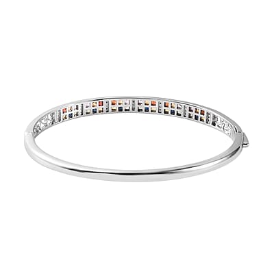Multi Sapphire and Natural White Zircon Bangle Bracelet in Platinum Over Sterling Silver (6.50 In) 11.5 Grams 2.50 ctw