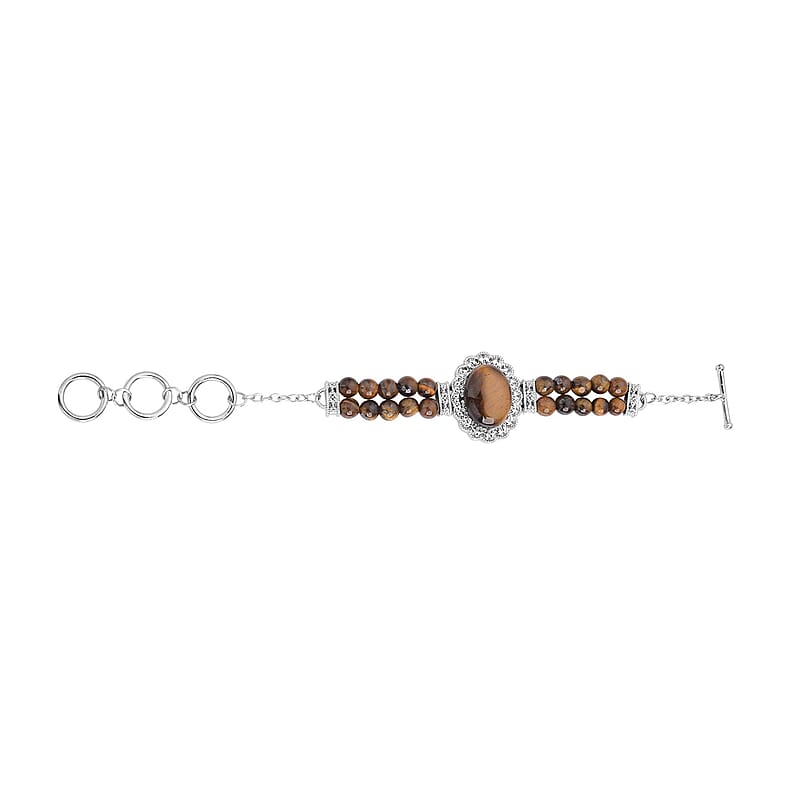 Yellow Tiger's Eye Beaded Bracelet in Silvertone 45.00 ctw (6.50-8.00In)