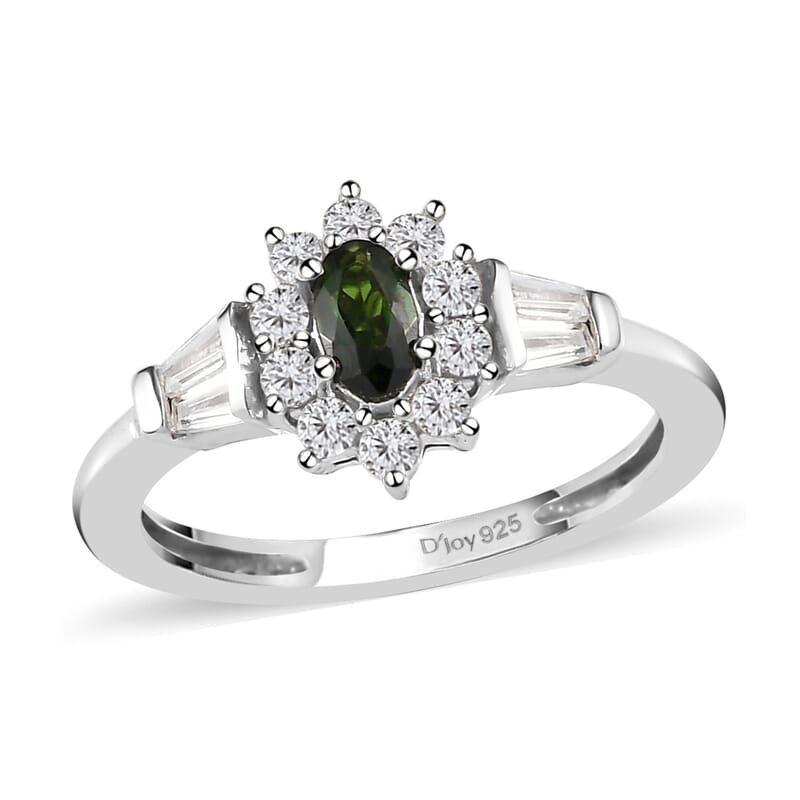 Premium Tanzanian Chrome Tourmaline and Natural White Zircon Sunburst Ring in Platinum Over Sterling Silver (Size 10.0) 0.70 ctw