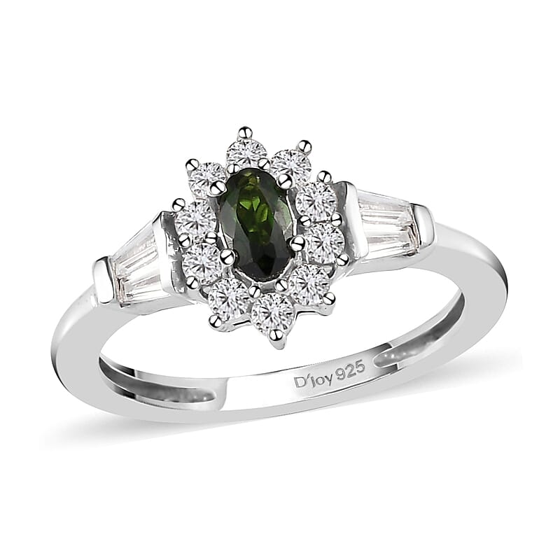 Premium Tanzanian Chrome Tourmaline and Natural White Zircon Sunburst Ring in Platinum Over Sterling Silver (Size 10.0) 0.70 ctw