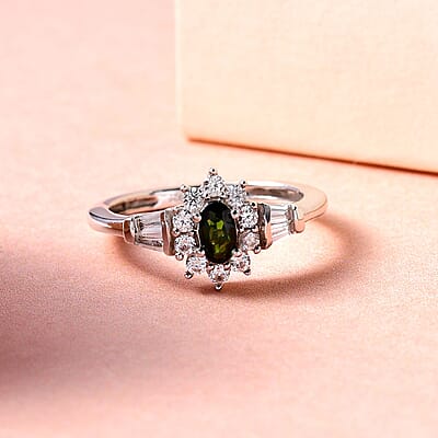 Premium Tanzanian Chrome Tourmaline and Natural White Zircon Sunburst Ring in Platinum Over Sterling Silver (Size 10.0) 0.70 ctw