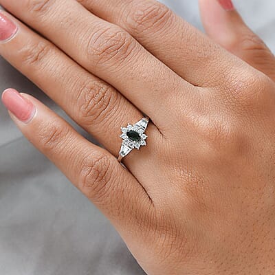 Premium Tanzanian Chrome Tourmaline and Natural White Zircon Sunburst Ring in Platinum Over Sterling Silver (Size 10.0) 0.70 ctw