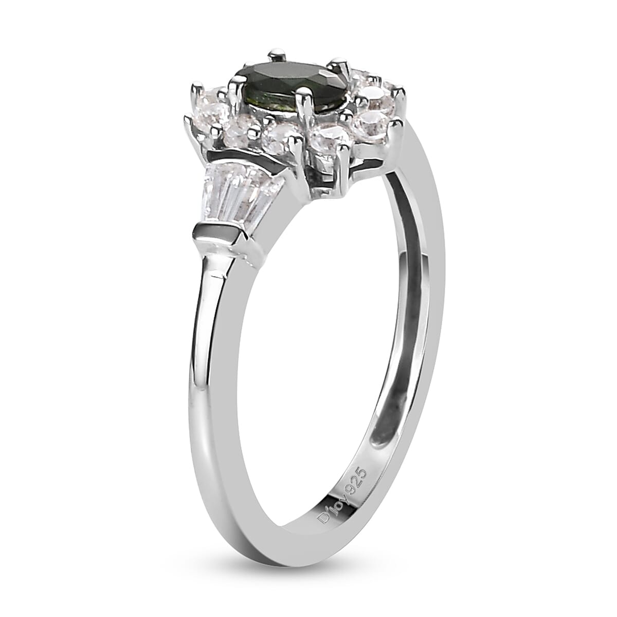 Premium Tanzanian Chrome Tourmaline and Natural White Zircon Sunburst Ring in Platinum Over Sterling Silver (Size 10.0) 0.70 ctw