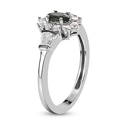 Premium Tanzanian Chrome Tourmaline and Natural White Zircon Sunburst Ring in Platinum Over Sterling Silver (Size 10.0) 0.70 ctw