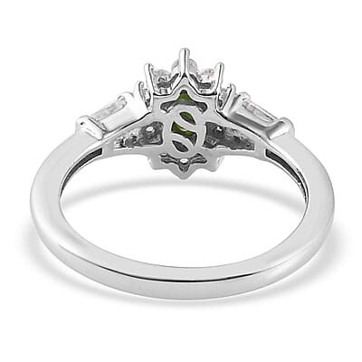 Premium Tanzanian Chrome Tourmaline and Natural White Zircon Sunburst Ring in Platinum Over Sterling Silver (Size 10.0) 0.70 ctw