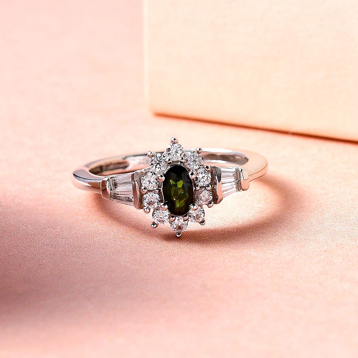 Premium Tanzanian Chrome Tourmaline and Natural White Zircon Sunburst Ring in Platinum Over Sterling Silver (Size 5.0) 0.70 ctw image number 1