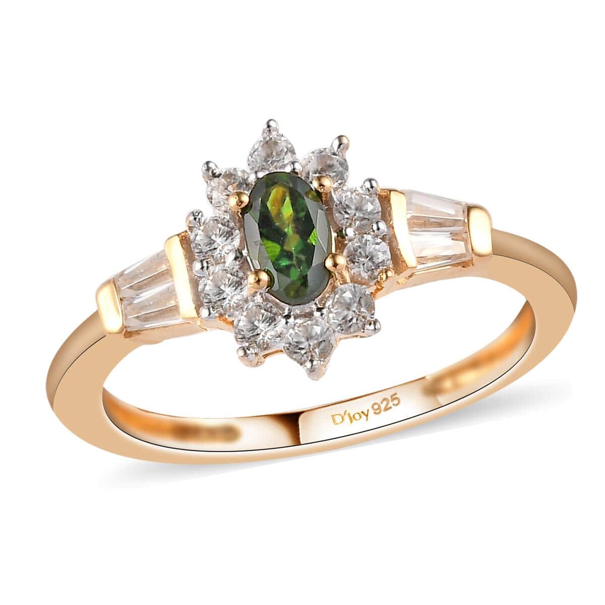 Premium Tanzanian Chrome Tourmaline and Natural White Zircon Sunburst Ring in Vermeil Yellow Gold Over Sterling Silver (Size 5.0) 0.70 ctw image number 0