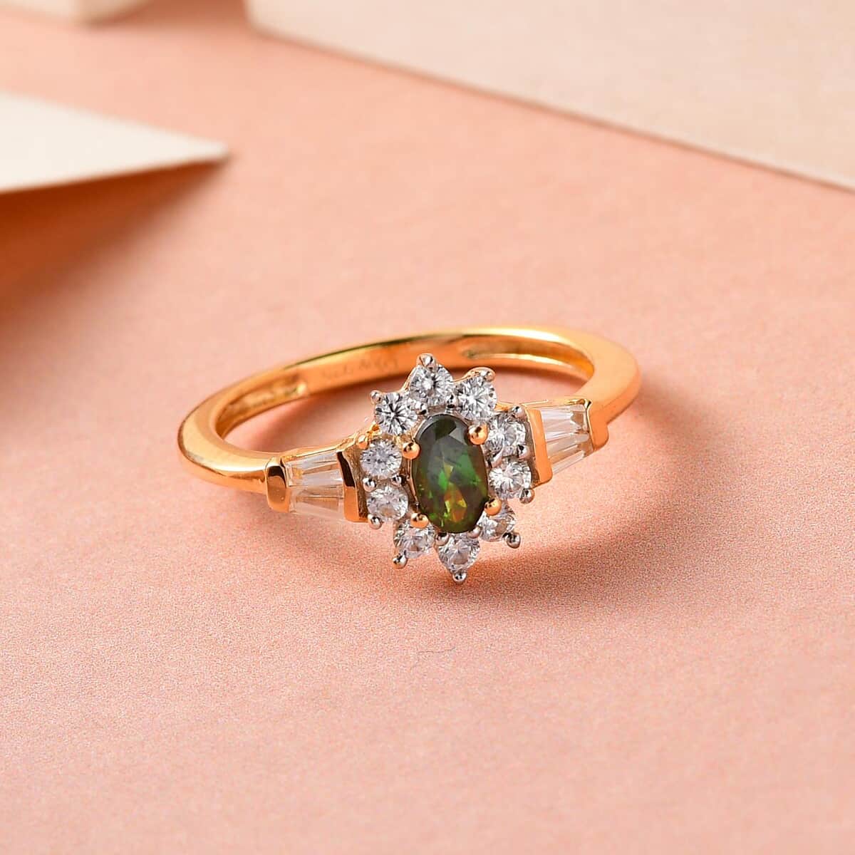 Premium Tanzanian Chrome Tourmaline and Natural White Zircon Sunburst Ring in Vermeil Yellow Gold Over Sterling Silver (Size 5.0) 0.70 ctw image number 1