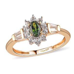 Premium Tanzanian Chrome Tourmaline and Natural White Zircon Sunburst Ring in Vermeil Yellow Gold Over Sterling Silver (Size 6.0) 0.70 ctw