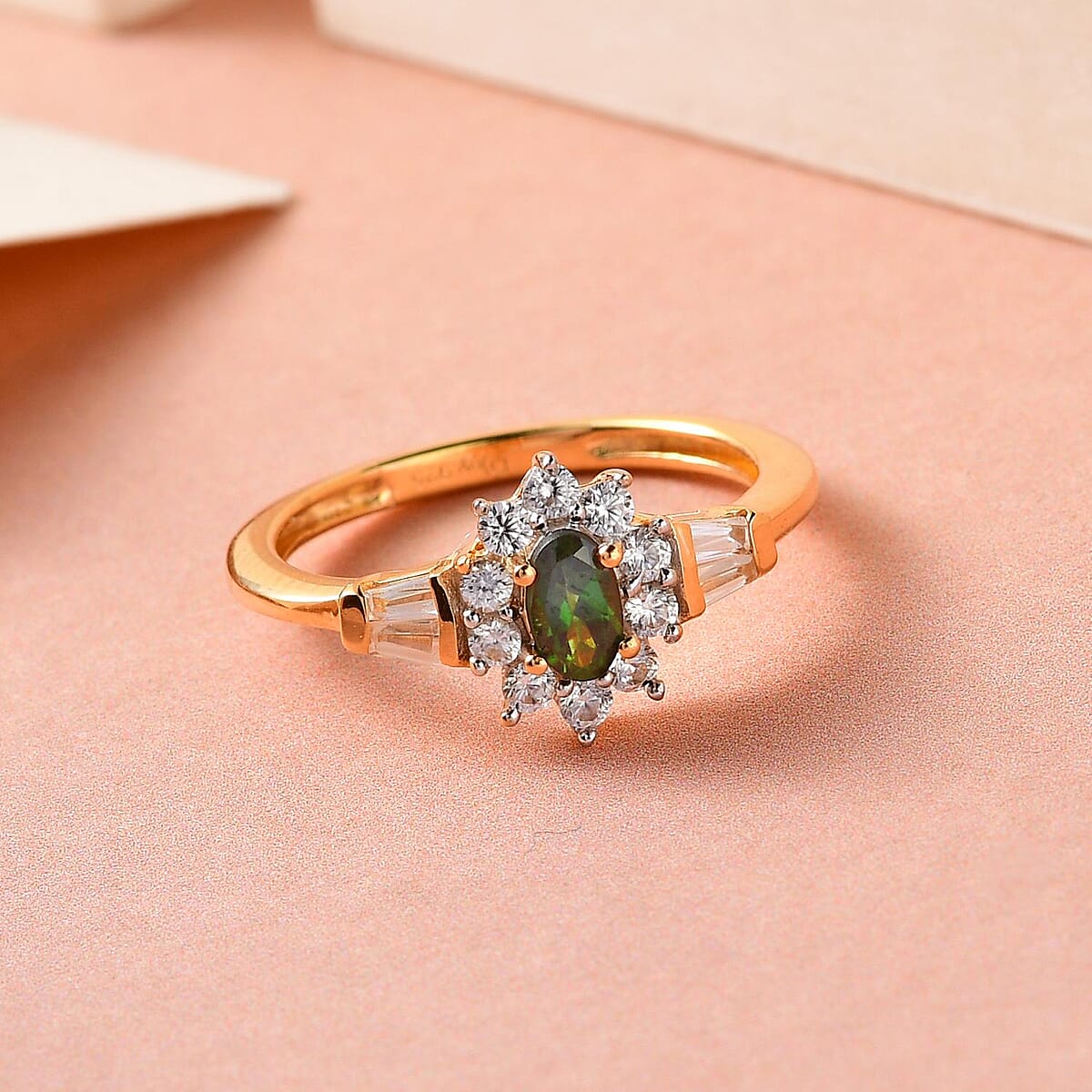 Premium Tanzanian Chrome Tourmaline and Natural White Zircon Sunburst Ring in Vermeil Yellow Gold Over Sterling Silver (Size 6.0) 0.70 ctw image number 1