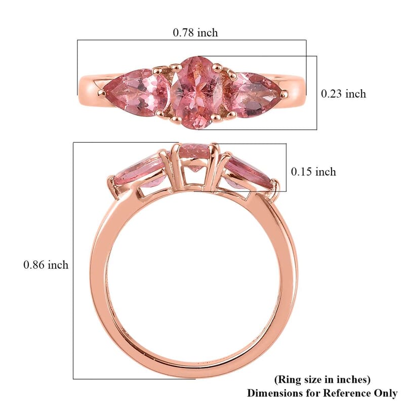 Blush Tourmaline 1.25 ctw Ring, 3 Stone Ring, Trilogy Ring, Vermeil RG Over Sterling Silver Ring (Size 10)