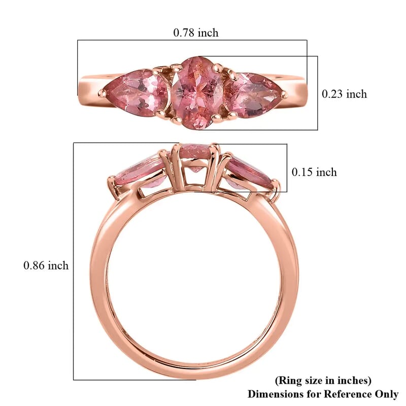 Blush Tourmaline 1.25 ctw Ring, 3 Stone Ring, Trilogy Ring, Vermeil RG Over Sterling Silver Ring (Size 10)